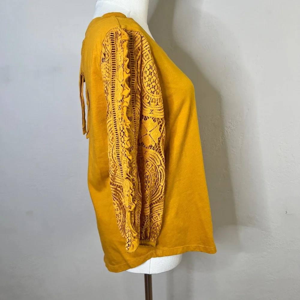 Anthropologie Top Lace Crochet Ruffle Sleeve Size Medium Yellow Tie Back Knit - Picture 5 of 10